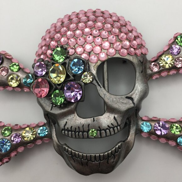 Skull Pin Brooch Rhinestones Pink Pirate Halloween Goth Sparkle Large 4” X 3” - Picture 5 of 15